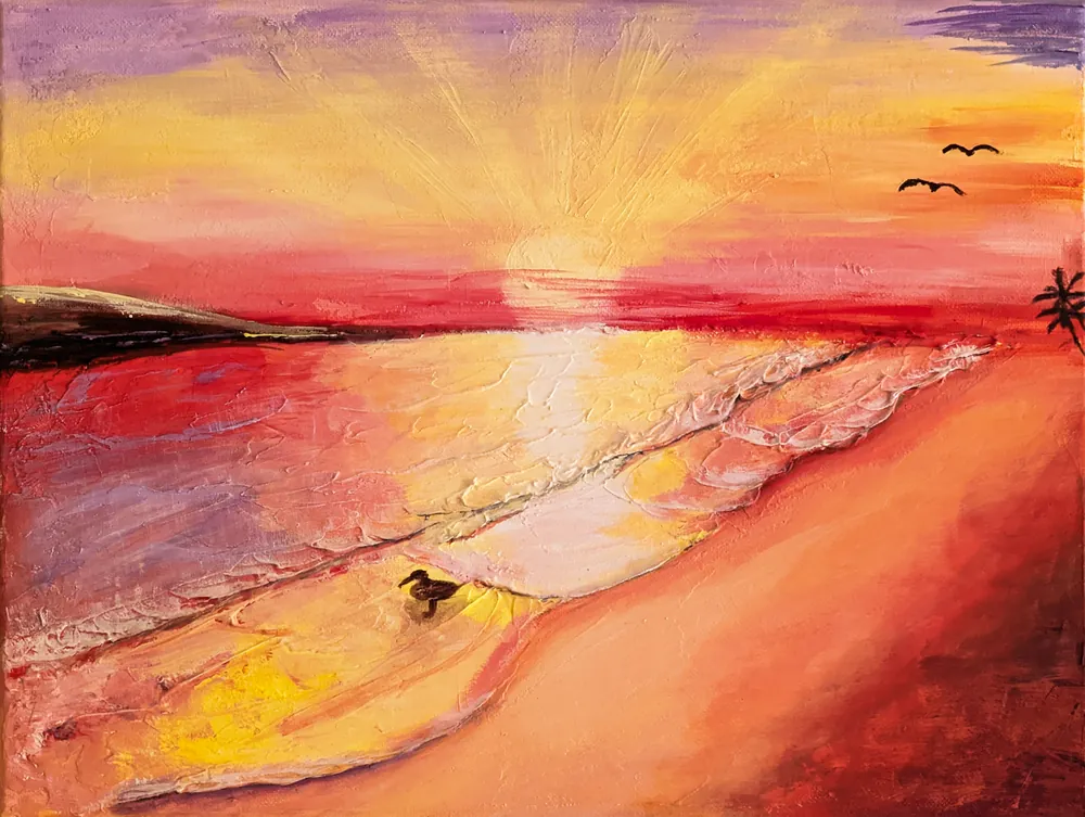 Painting of a beach sunrise with palm tree and gulls