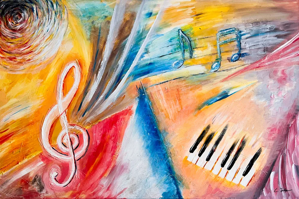 Abstract painting with treble clef, music notes, and piano keys